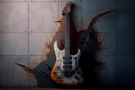 Vintage electric guitar on black background. Generative Aiの素材