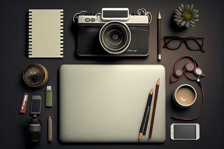 Office desktop with laptop and a photo camera. Generative Aiの素材