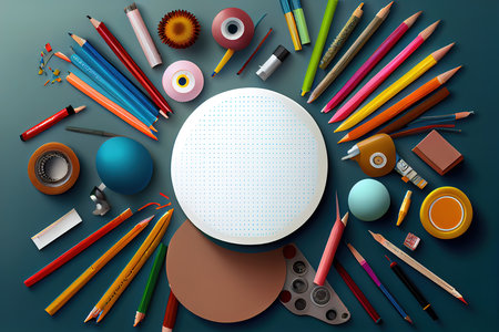 Round frame. stationery on the blue background. Generative Aiの素材