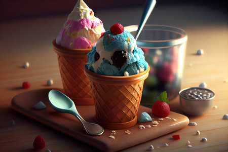 Luxury Colorful Fruits Ice Cream With Chocolate Syrup in Cone on Dark Background. Generative Aiの素材