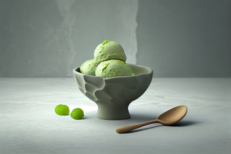 Green tea matcha ice cream scoop in white bowl on a grey stone background. Generative Aiの素材