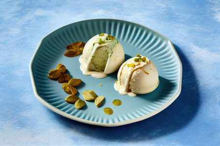 Three portions of the Indian kulfi ice cream with cardamom and pistachios. Generative Aiの素材