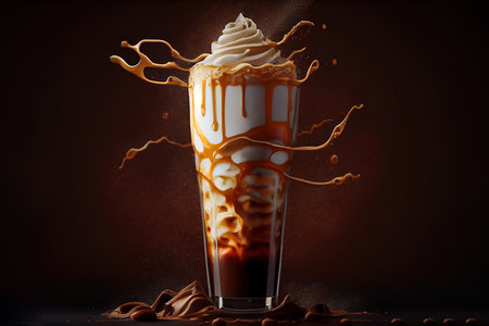 Iced caramel latte coffee in a tall glass with chocolate syrup and whipped cream. Generative Aiの素材