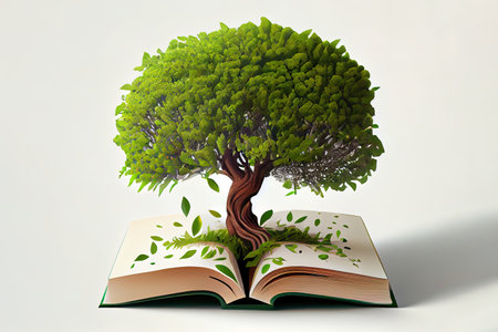 growing tree with green leaves from an open book. Generative Aiの素材