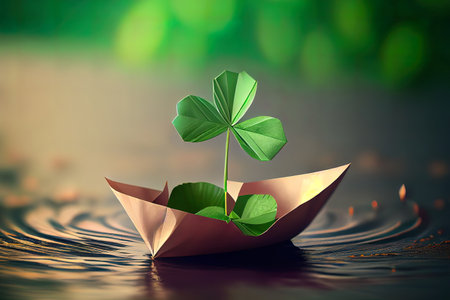 Clover green leaves in paper boat . Generative Aiの素材