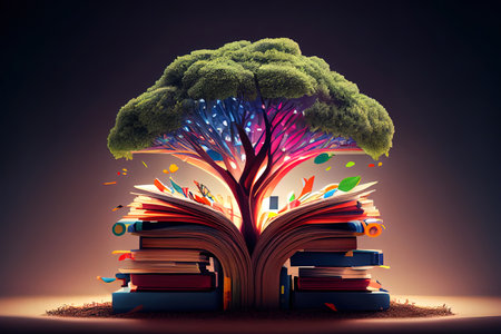 World philosophy day concept with tree of knowledge planting on opening old big book in library. Generative AI.の素材