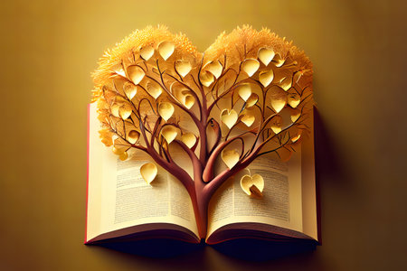 Golden tree with heart shaped fruits growing from the old book. Generative Aiの素材
