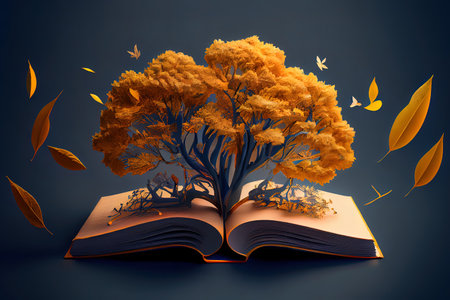 A tropical rainforest jungle appearing opening a book. Generative Aiの素材