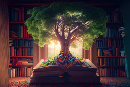 World philosophy day concept with tree of knowledge planting on opening old big book in library. Generative AI.の素材