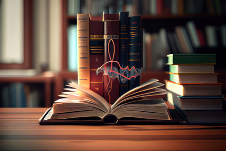 Open book on a stack of books with stethoscope and library background. Generative Aiの素材