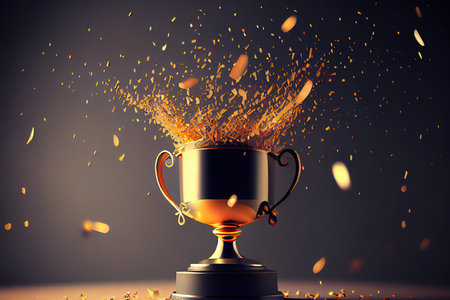 Excellent close up golden trophy award with falling confetti, copy space for text, 3d rendering Ai generativeの素材