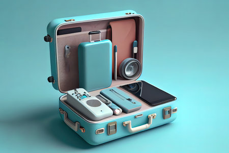 Family of suitcases ready for vacation. Colorful suitcases or luggage in colorful glasses on a blue background Ai generativeの素材