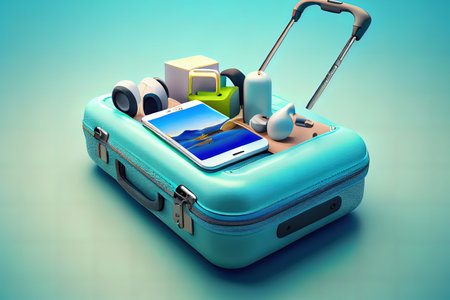 Family of suitcases ready for vacation. Colorful suitcases or luggage in colorful glasses on a blue background Ai generativeの素材