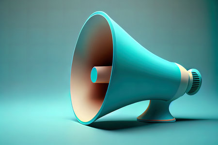 Cartoon hand holding megaphone on purple background with copy space. 3d render illustration Ai generativeの素材