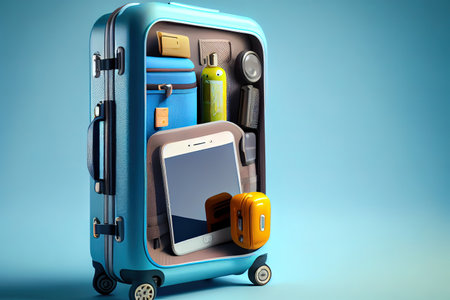 Awesome Traveling suitcase with smartphone and travel accessories on blue background, travel concept, 3d rendering Ai generativeの素材