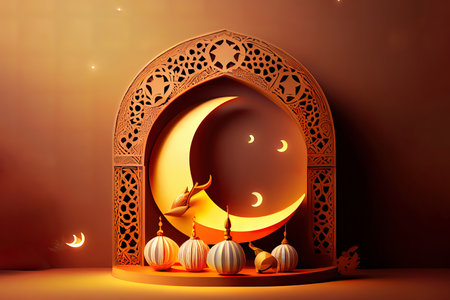 Islamic theme podium with a shiny golden mosque shape Ai generativeの素材