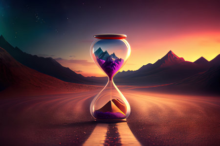 Surprising hourglass clock on the road with copy space, mix color, natarul background Ai generativeの素材