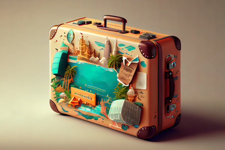 Awesome Photoreal suitcase with different travel destination elements. World travel vector concept, 3D rendering Ai generativeの素材