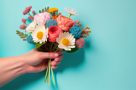 Hand holding beautiful flower bouquet on blue background. Generative Aiの素材