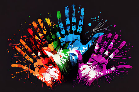 Human Rights card of colorful people hand prints. Generative Aiの素材