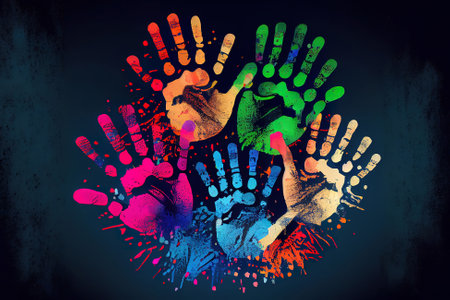 Human Rights card of colorful people hand prints. Generative Aiの素材