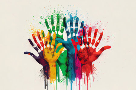 Human Rights card of colorful people hand prints. Generative Aiの素材