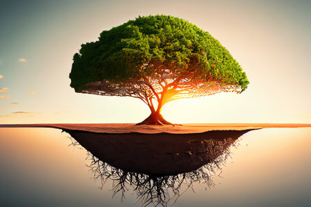 panorama small tree growing with sunrise. Generative Aiの素材