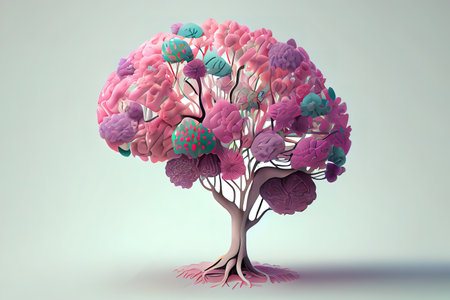 Human brain tree with flowers, self care and mental health concept. Generative Aiの素材