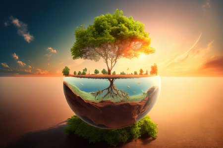 panorama small tree growing with sunrise. Generative Aiの素材