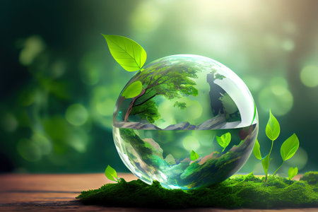 World environment and earth day concept with glass globe and eco friendly enviroment. Generative Aiの素材