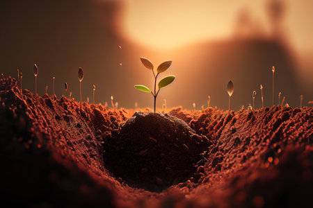 Seeding are growing in the soil with backdrop of the sunlight. Generative Aiの素材