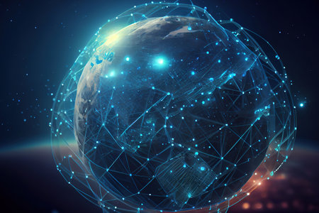 Future of global social network technology with blue abstract technology background. Generative Aiの素材