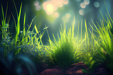 Earth grass at garden in morning, ecology and world sustainable environment concept. Generative Aiの素材