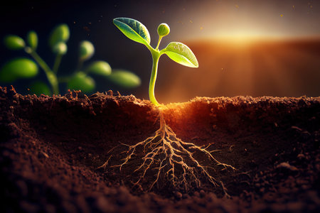 Seeding are growing in the soil with backdrop of the sunlight. Generative Aiの素材