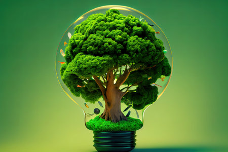 On a green background, a holding a lightbulb has a tree inside it. Generative Aiの素材