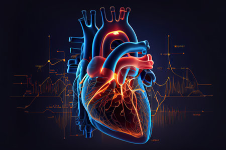 Anatomy of human heart on ecg medical background. Generative Aiの素材