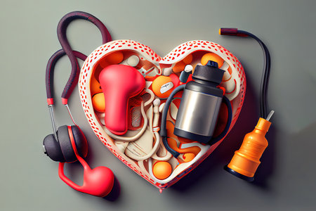 Top view world heart day concept with sport equipment. Generative Aiの素材