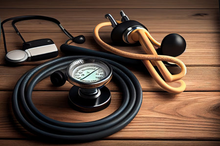 Fitness equipment with stethoscope and measuring tape on wooden surface. Generative Aiの素材