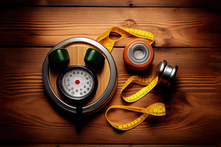 Fitness equipment with stethoscope and measuring tape on wooden surface. Generative Aiの素材