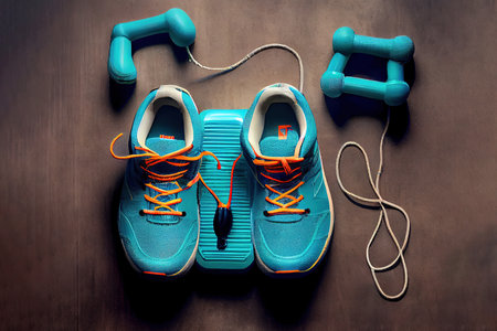 Top view of weights with jump rope and sneakers. Generative Aiの素材