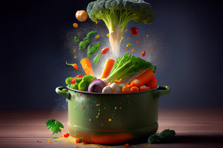 Fresh vegetables falling into a casserole pot. Generative Aiの素材