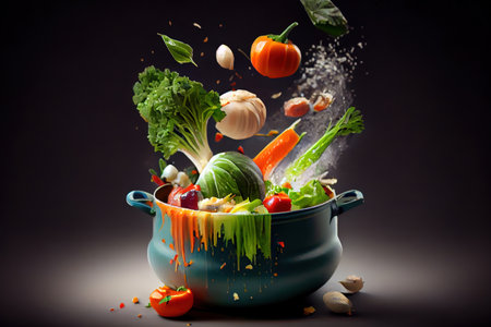 Fresh vegetables falling into a casserole pot. Generative Aiの素材