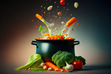 Fresh vegetables falling into a casserole pot. Generative Aiの素材