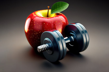 Dumbbells and apple. A healthy way of life. Generative Aiの素材
