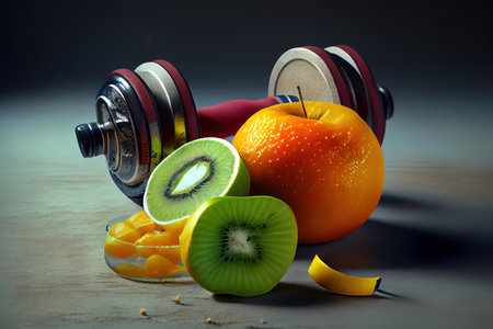 close up of dumbbell, fruits and measuring tape. Generative Aiの素材