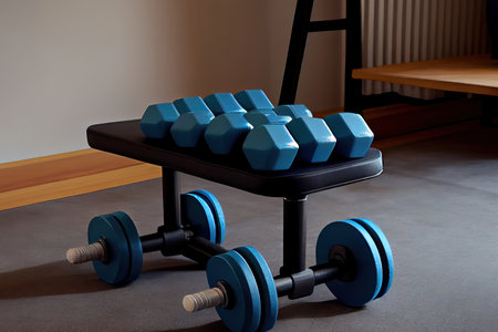 Barbell bench with weight dumbbells in the home. Generative Aiの素材