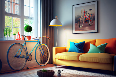 Stylish room interior with bicycle and sofa. Generative Aiの素材