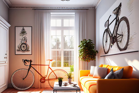 Stylish room interior with bicycle and sofa. Generative Aiの素材