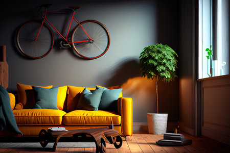 Stylish room interior with bicycle and sofa. Generative Aiの素材