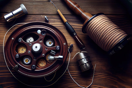 Fishing rod, spoon, hooks on a brown wooden background. Generative Aiの素材